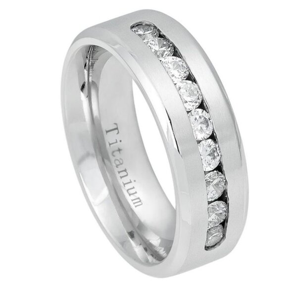 White IP Plated Titanium Ring Brushed Center Shiny Beveled Edge with 9 Channel